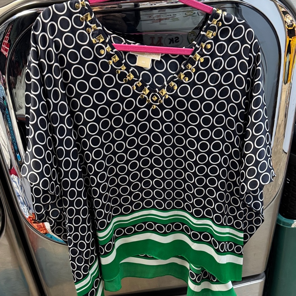 Michael Kors Black and Green Circle Blouse 1x poncho